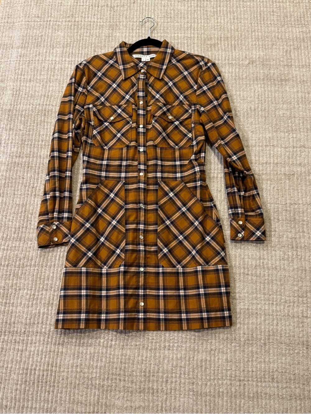 Veronica Beard Brown Plaid Cotton Snap Front Shirt Dress US 8